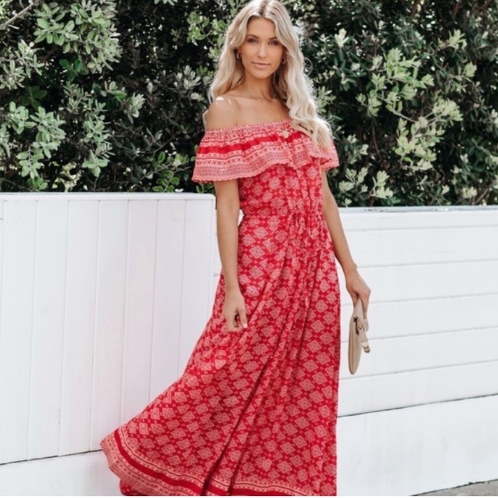 Talisman | Vici Red Maisie Print Off The Shoulder Maxi Dress Women’s Size Xs